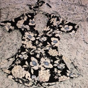Black Floral Low-Cut Romper W/ Open Back